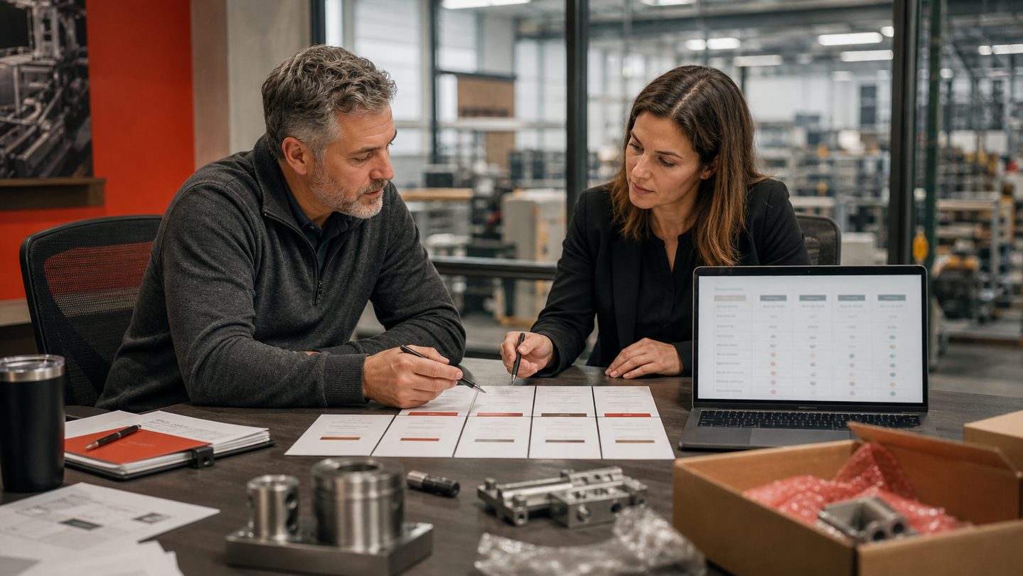 Manufacturing ERP comparison session with operators reviewing options at a conference table