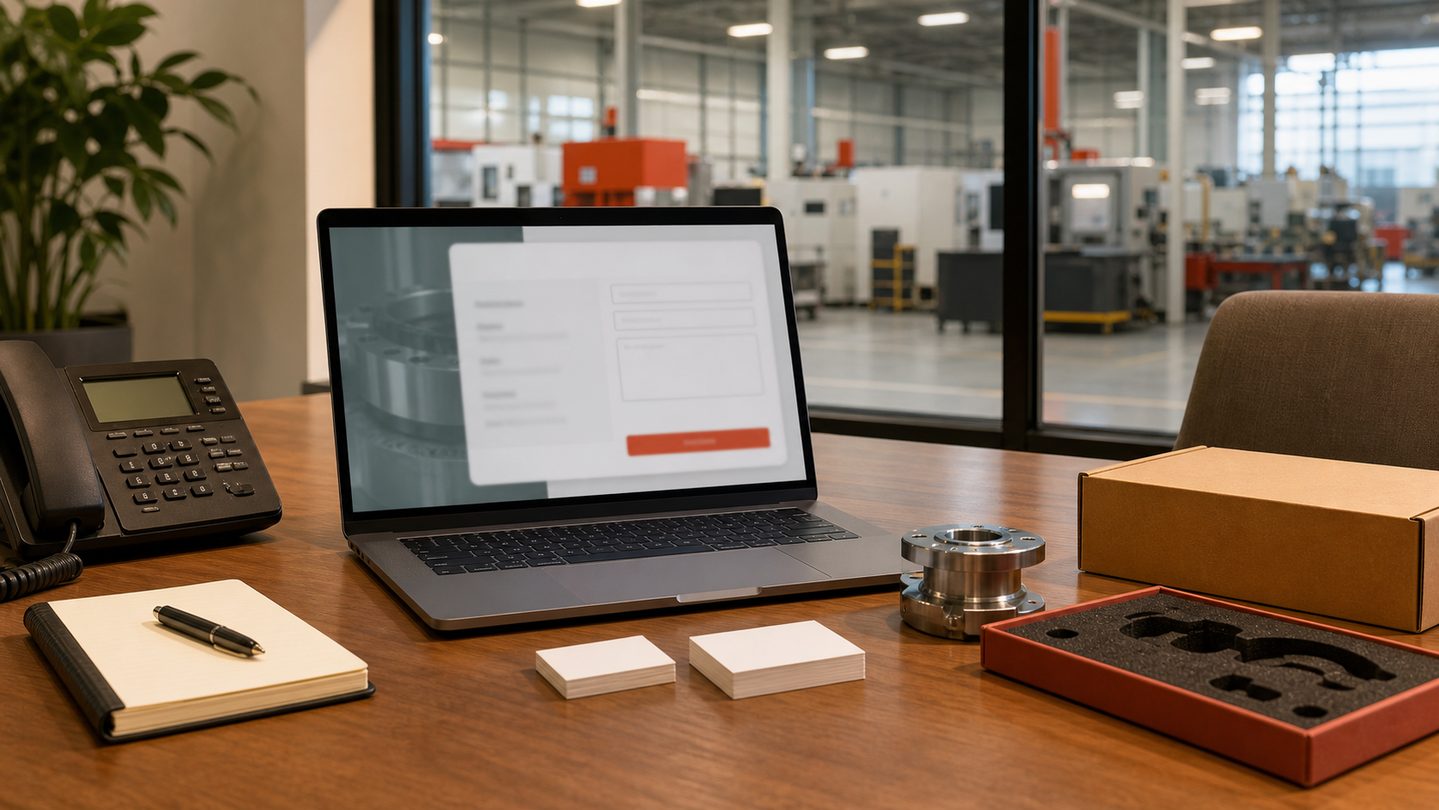 Factory office consultation desk with contact form, phone, notebook, and manufacturing samples
