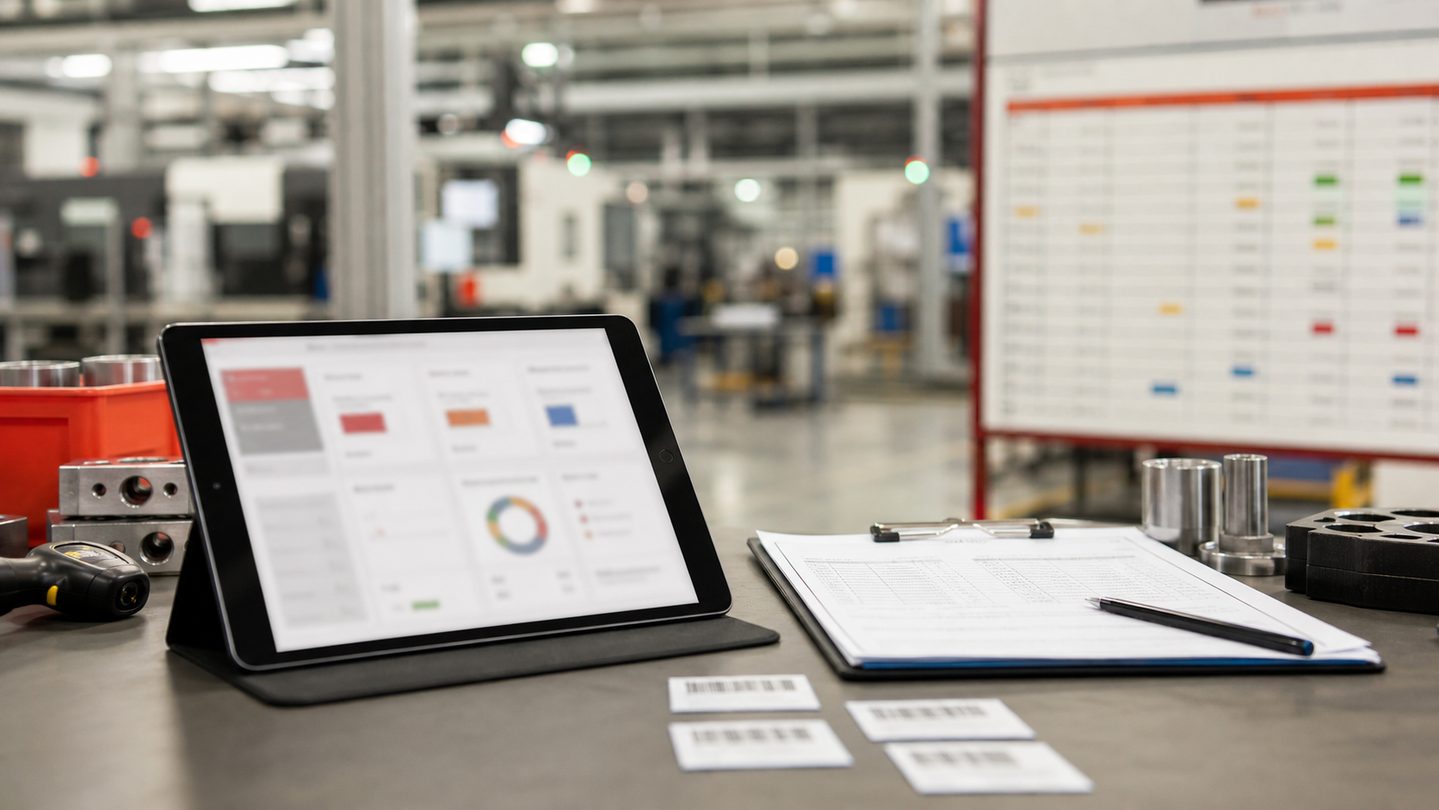 Factory admin desk with tablet dashboard, barcode labels, job folders, and machined parts