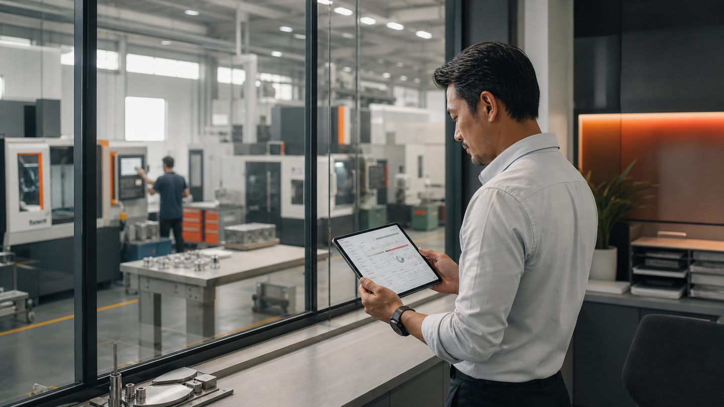 Factory operations manager reviewing production status beside a CNC production floor