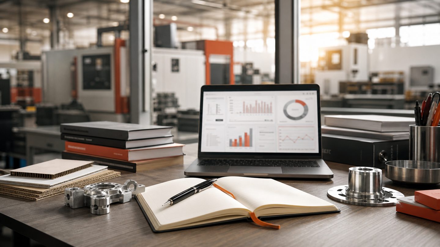 Manufacturing strategy desk with laptop analytics, notebook, reference material, and sample components