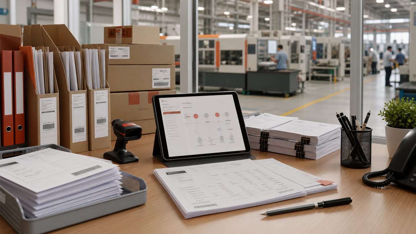 Manufacturing back office desk with invoice folders, barcode labels, delivery documents, and factory floor beyond