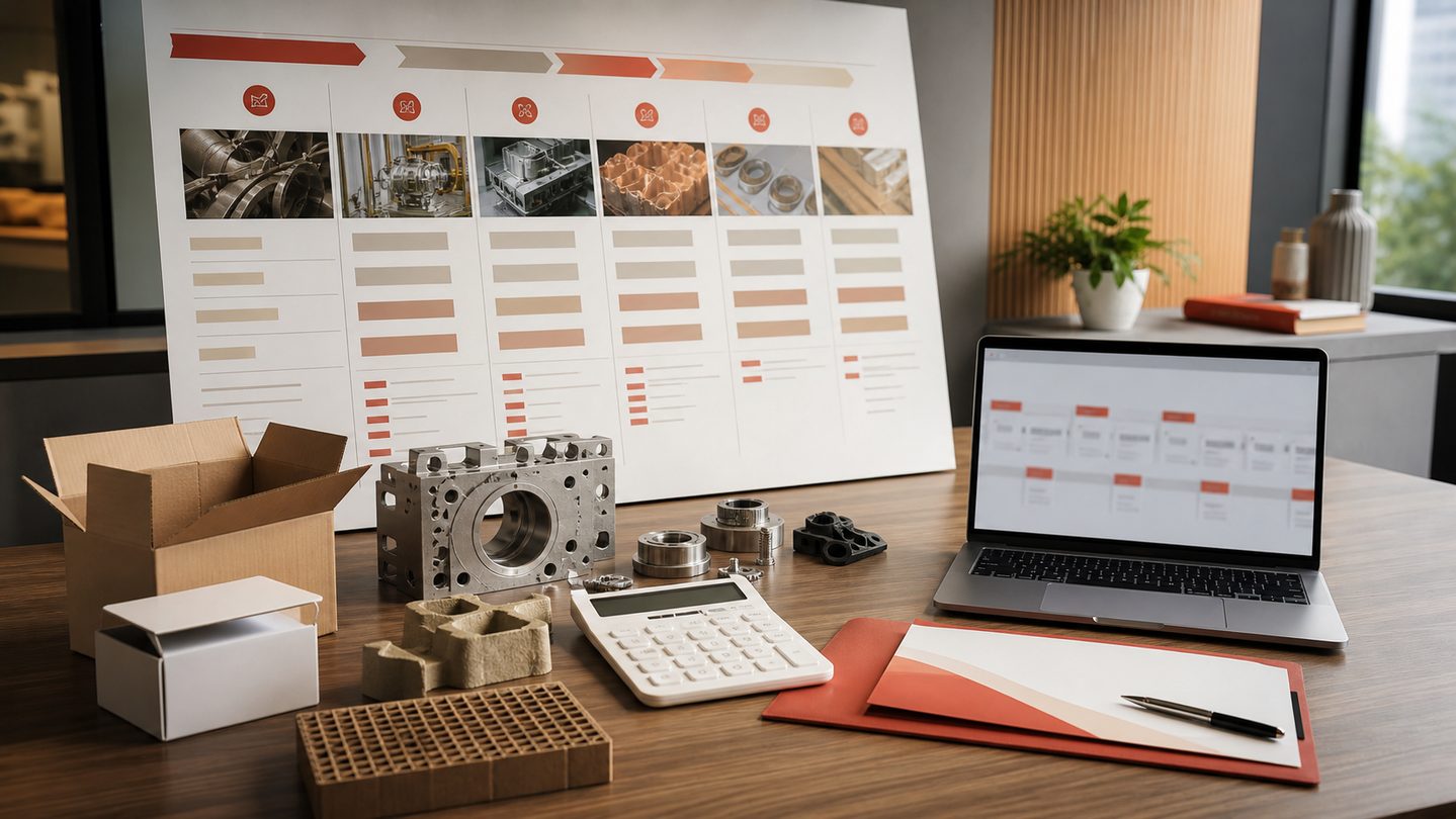 Manufacturing project scope table with calculator, proposal folder, timeline blocks, and sample parts