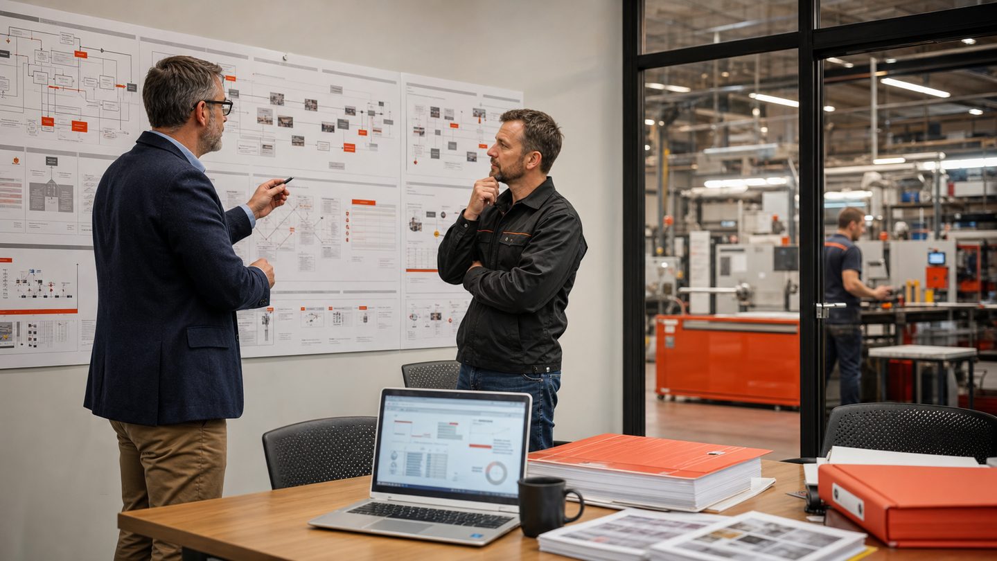 Consultants and factory operators mapping manufacturing workflow stages in a discovery workshop
