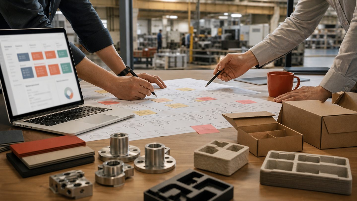 Manufacturing workflow scoping table with machined parts, packaging samples, and planning notes