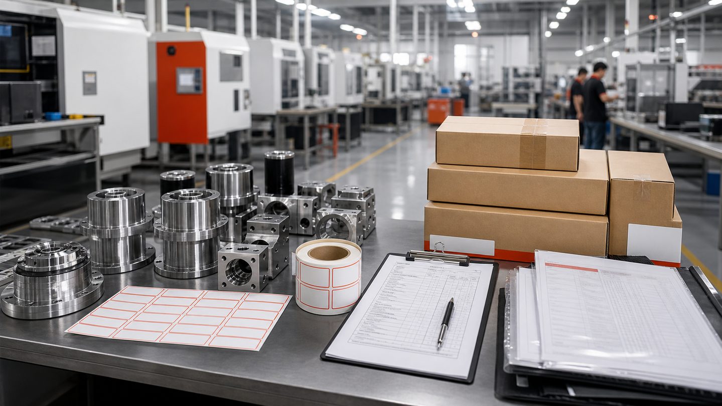 Manufacturing proof table with metal components, packaging samples, quality documents, and finished goods
